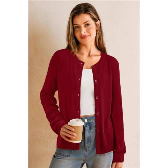 Women's Wool Blended Cardigan Sweaters Lightweight Red - Picture 2 of 6